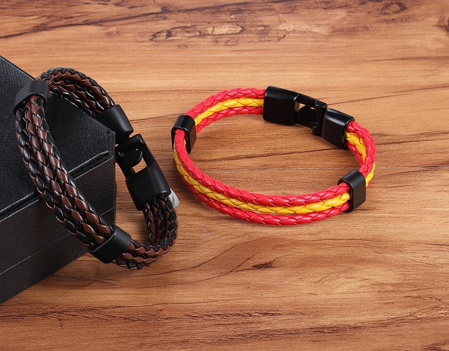 TYO Stainless Steel Men Women Spain Germany France Italy Argentina National Flag PU Leather Bracelets Handmade Jewelry