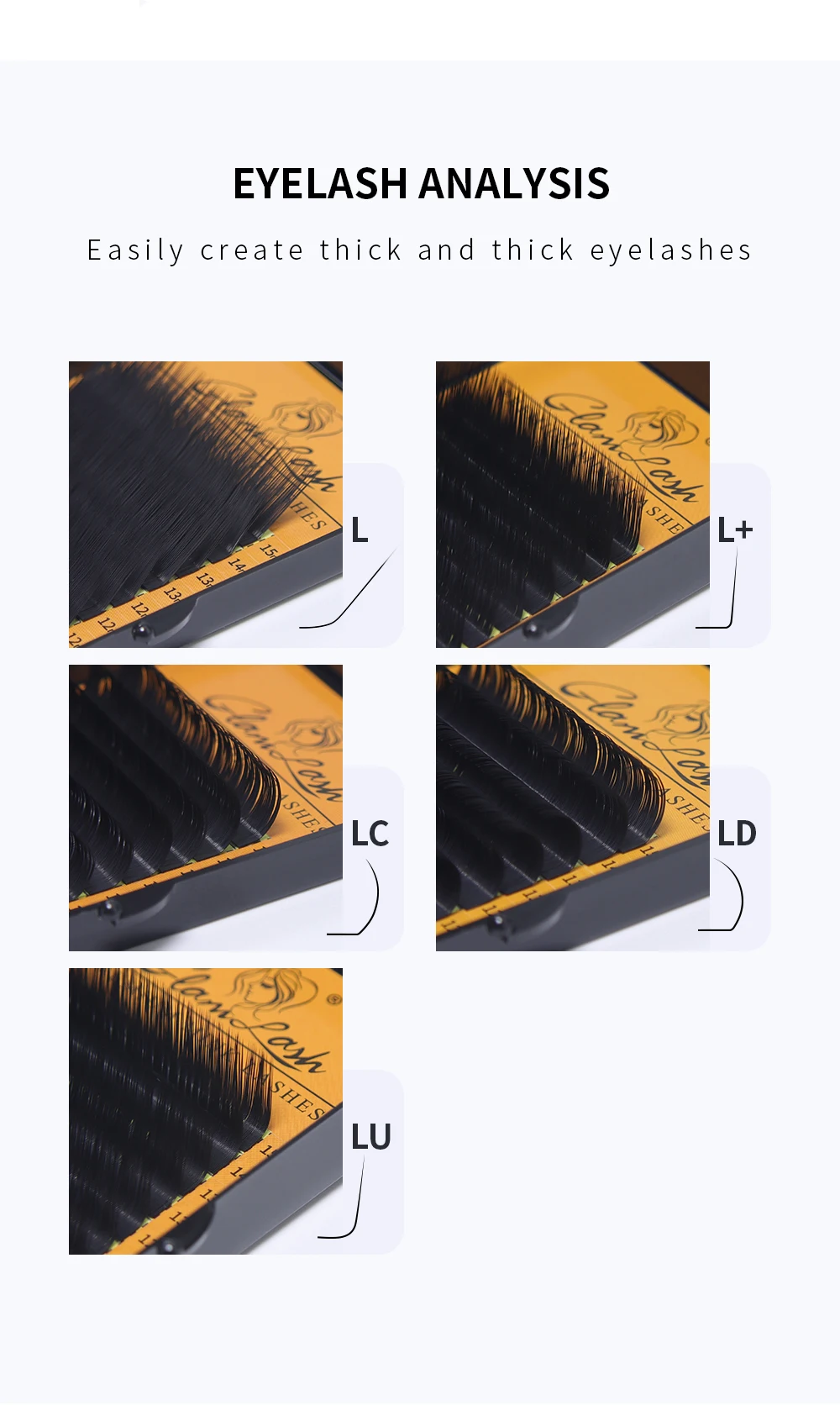 GLAMLASH L/L+/LC/LD/LU/M Curl Mink Eyelashes Extension 16rows/tray Mix Matt Black Individual N/L Curl Makeup False Lashes