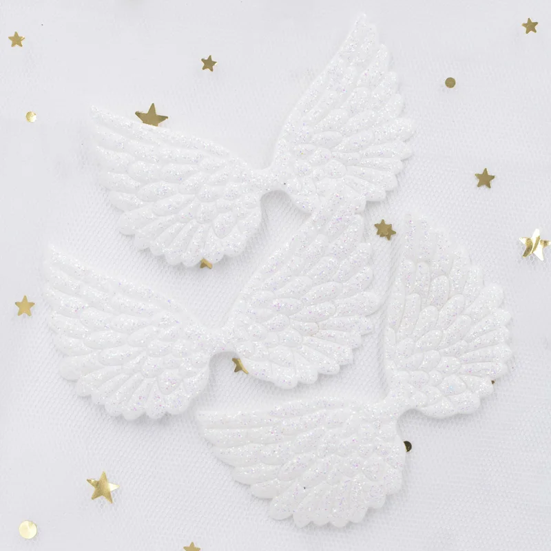 20Pcs 74*43mm White Angel Wing Appliques Single Sided Glitter Powders Fairy Wing Patches DIY Headwear Bowknot Bow Tie Decor