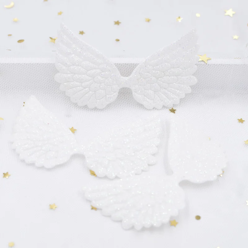 20Pcs 74*43mm White Angel Wing Appliques Single Sided Glitter Powders Fairy Wing Patches DIY Headwear Bowknot Bow Tie Decor