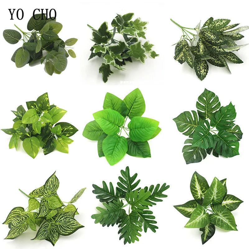 YO CHO Artificial Plastic Plants for Home Garden Decoration Fern Grass Wedding Wall Outdoor Decor Green Leaf Artificial Flowers