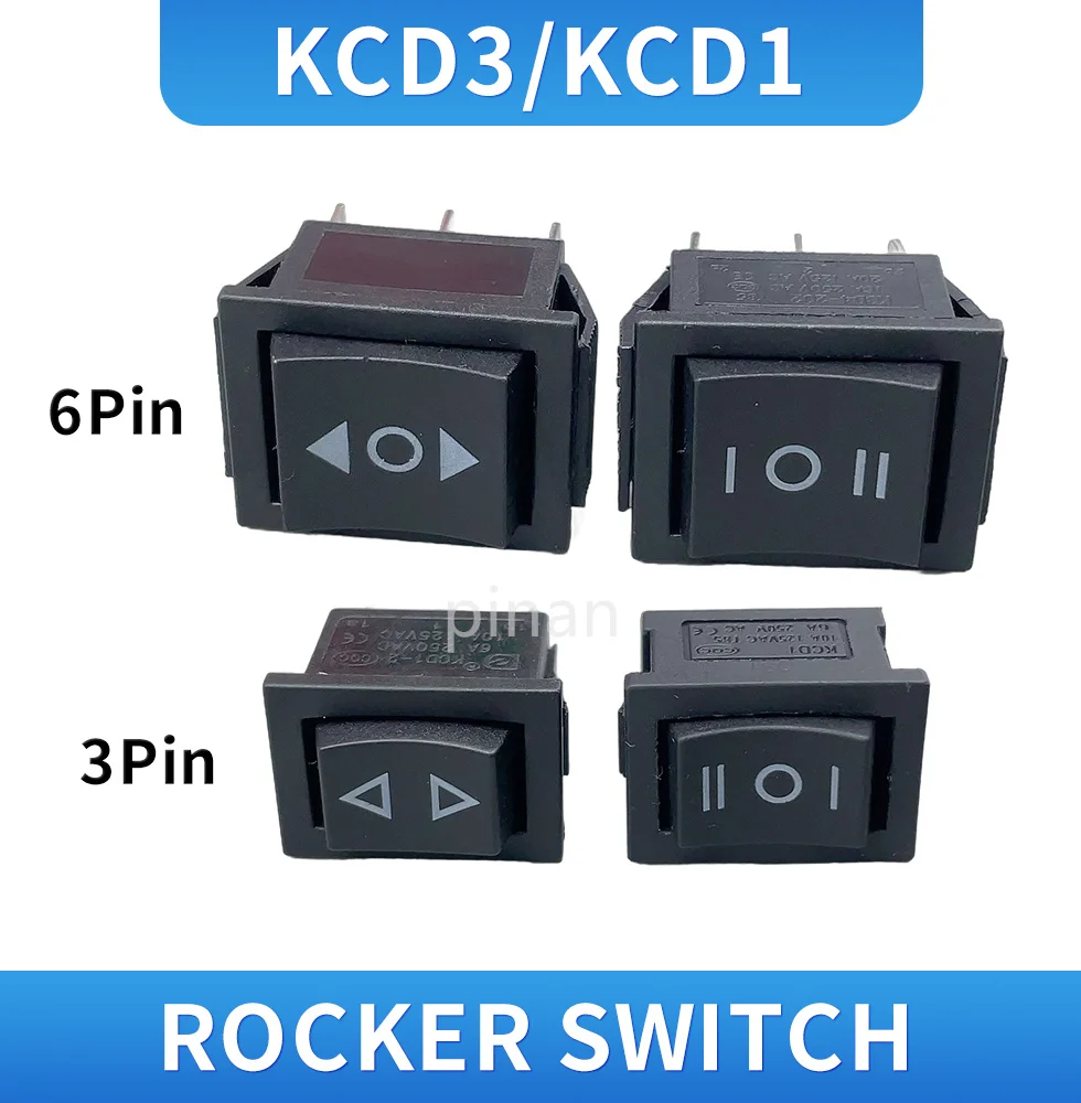 KCD4 Black Rocker Switch Power Switch ON-OFF-ON 3 Position 3/6 Pins With Light 16A 250VAC/ 20A 125VAC KCD1 10A 125VA/ 6A 250V