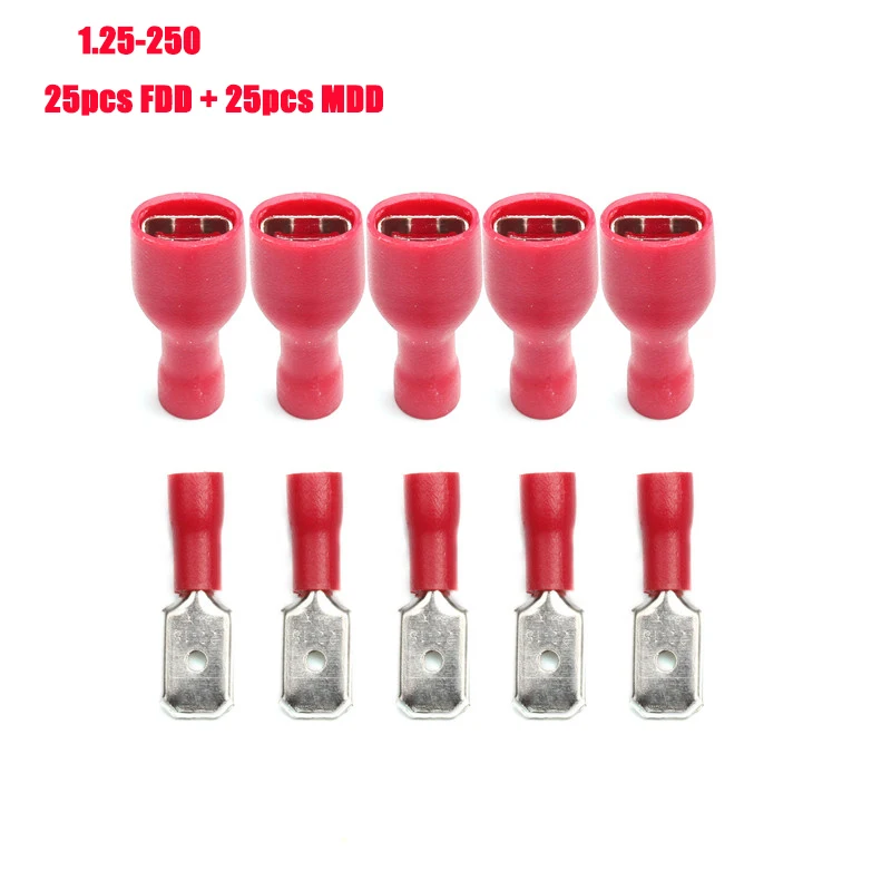 20/50/100Pcs Red + Blue 6.3mm Female Insulated Spade Crimp Terminal Wire Connector For 0.5-2.5mm Electrical Wire Cable Connecors