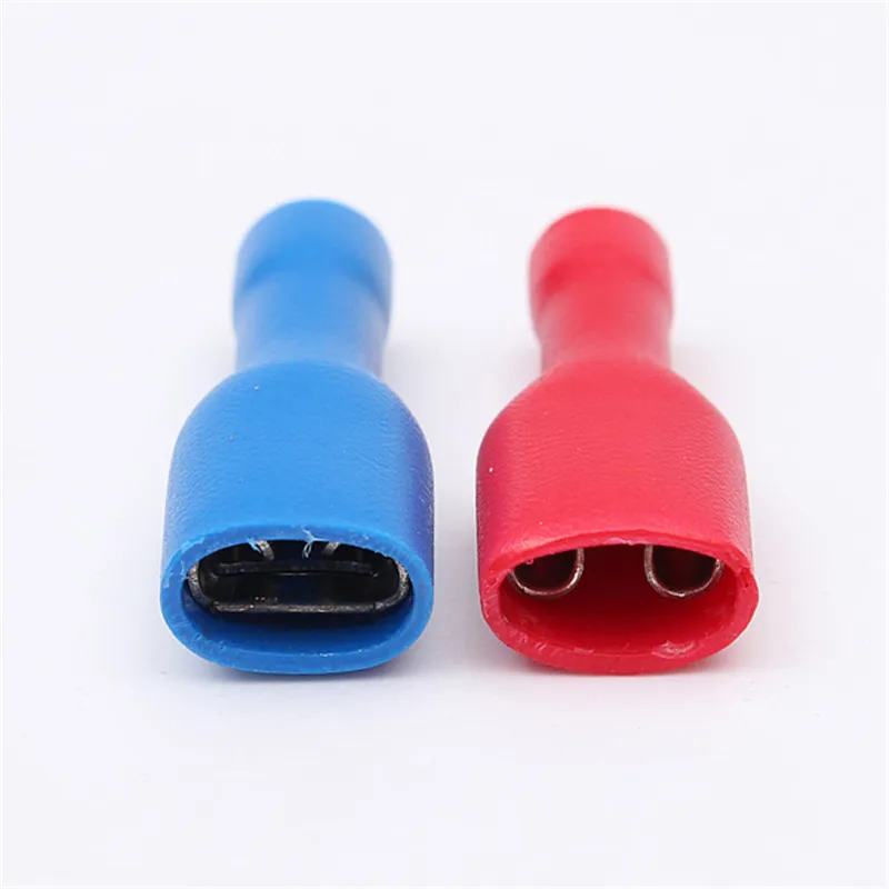 20/50/100Pcs Red + Blue 6.3mm Female Insulated Spade Crimp Terminal Wire Connector For 0.5-2.5mm Electrical Wire Cable Connecors