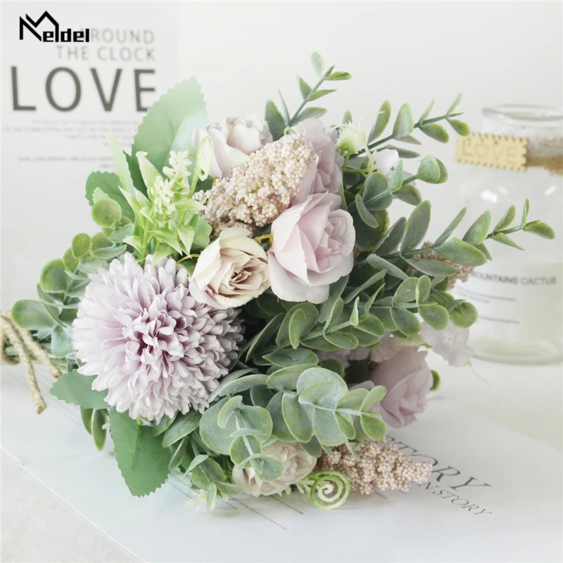 Meldel Wedding Flower Bouquet Artificial Silk Rose Lucky Ball Flower Home Wedding Decor Bride Bouquet Forest Style Eucalyptus