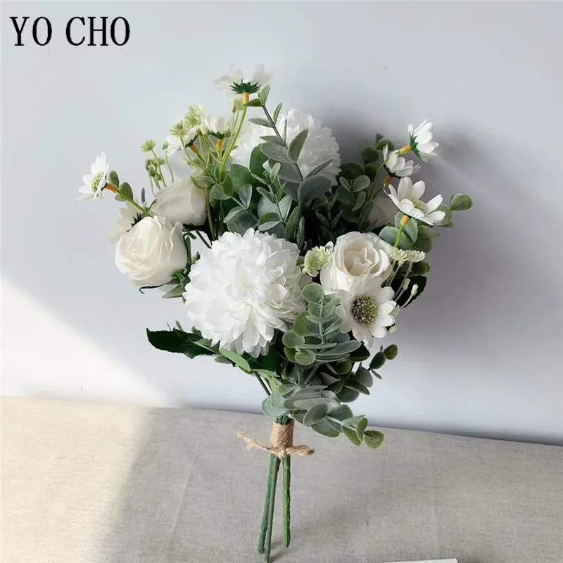 Meldel Wedding Flower Bouquet Artificial Silk Rose Lucky Ball Flower Home Wedding Decor Bride Bouquet Forest Style Eucalyptus