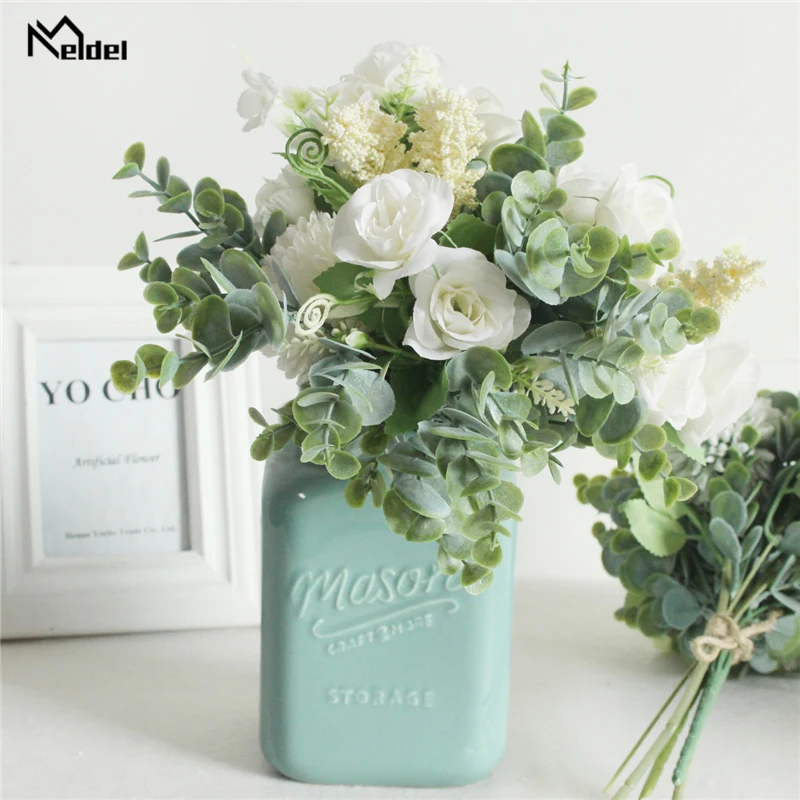 Meldel Wedding Flower Bouquet Artificial Silk Rose Lucky Ball Flower Home Wedding Decor Bride Bouquet Forest Style Eucalyptus