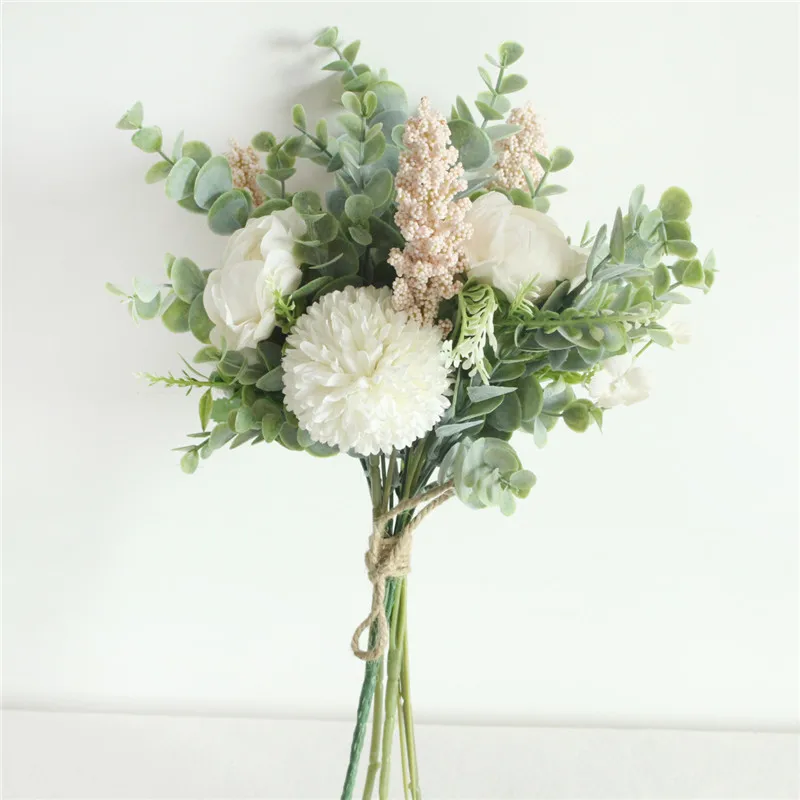 Meldel Wedding Flower Bouquet Artificial Silk Rose Lucky Ball Flower Home Wedding Decor Bride Bouquet Forest Style Eucalyptus