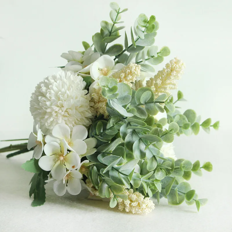 Meldel Wedding Flower Bouquet Artificial Silk Rose Lucky Ball Flower Home Wedding Decor Bride Bouquet Forest Style Eucalyptus