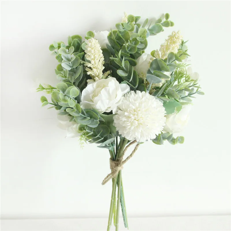 Meldel Wedding Flower Bouquet Artificial Silk Rose Lucky Ball Flower Home Wedding Decor Bride Bouquet Forest Style Eucalyptus
