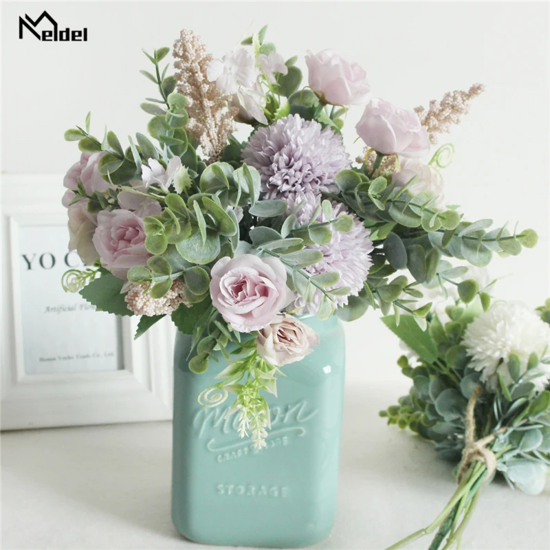 Meldel Wedding Flower Bouquet Artificial Silk Rose Lucky Ball Flower Home Wedding Decor Bride Bouquet Forest Style Eucalyptus