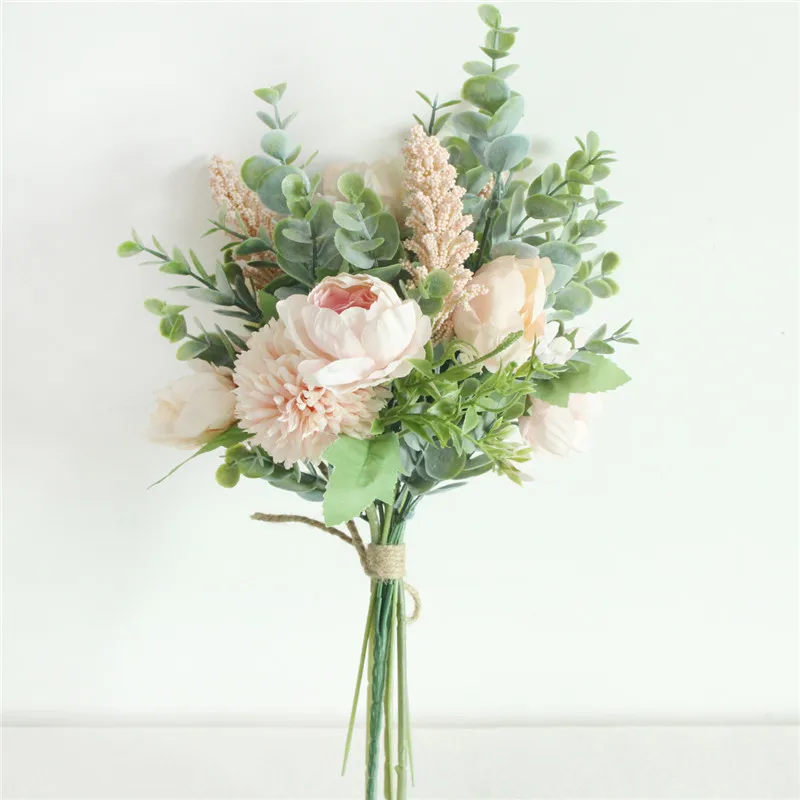 Meldel Wedding Flower Bouquet Artificial Silk Rose Lucky Ball Flower Home Wedding Decor Bride Bouquet Forest Style Eucalyptus