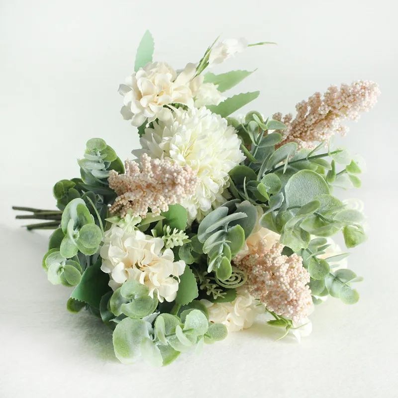 Meldel Wedding Flower Bouquet Artificial Silk Rose Lucky Ball Flower Home Wedding Decor Bride Bouquet Forest Style Eucalyptus