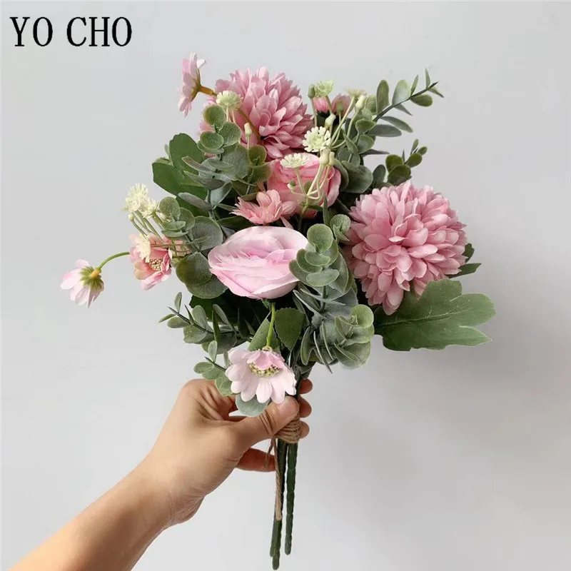 Meldel Wedding Flower Bouquet Artificial Silk Rose Lucky Ball Flower Home Wedding Decor Bride Bouquet Forest Style Eucalyptus