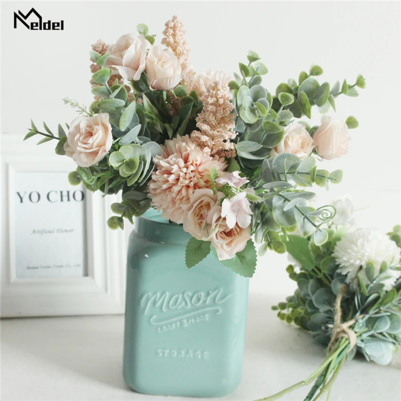 Meldel Wedding Flower Bouquet Artificial Silk Rose Lucky Ball Flower Home Wedding Decor Bride Bouquet Forest Style Eucalyptus