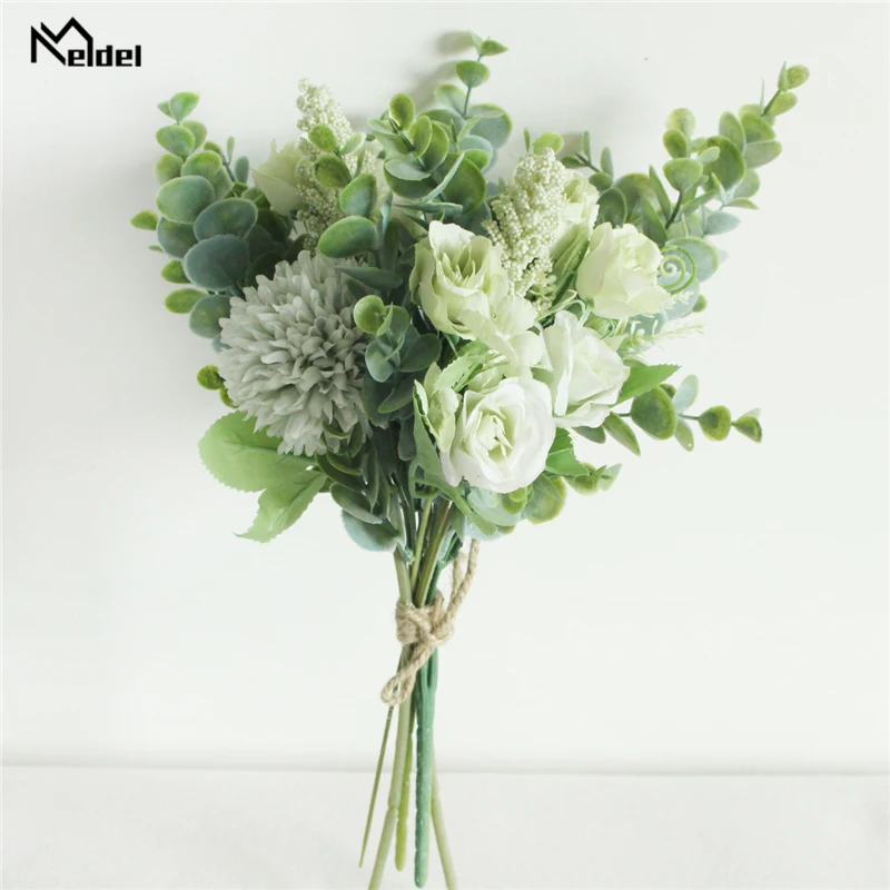 Meldel Wedding Flower Bouquet Artificial Silk Rose Lucky Ball Flower Home Wedding Decor Bride Bouquet Forest Style Eucalyptus