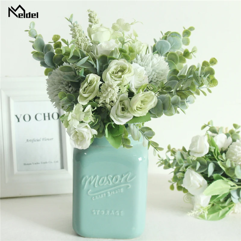 Meldel Wedding Flower Bouquet Artificial Silk Rose Lucky Ball Flower Home Wedding Decor Bride Bouquet Forest Style Eucalyptus
