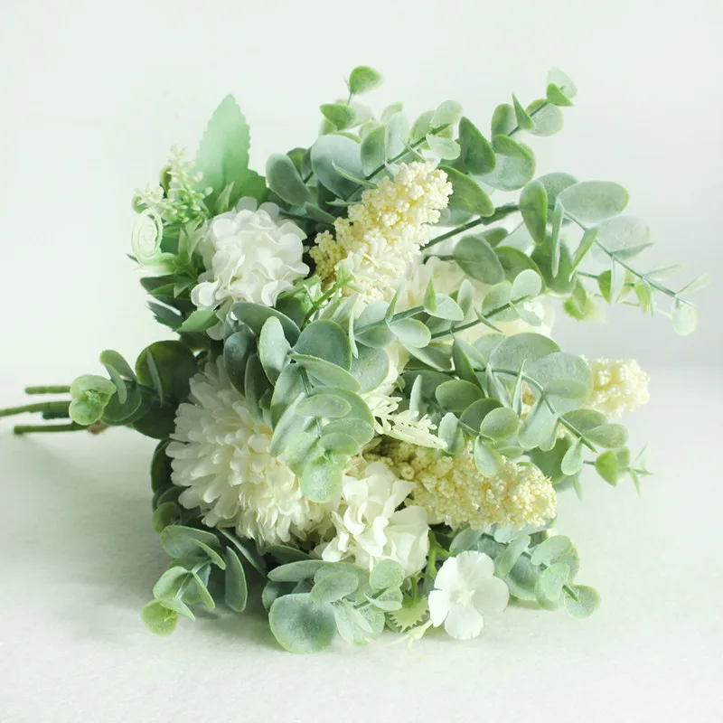 Meldel Wedding Flower Bouquet Artificial Silk Rose Lucky Ball Flower Home Wedding Decor Bride Bouquet Forest Style Eucalyptus