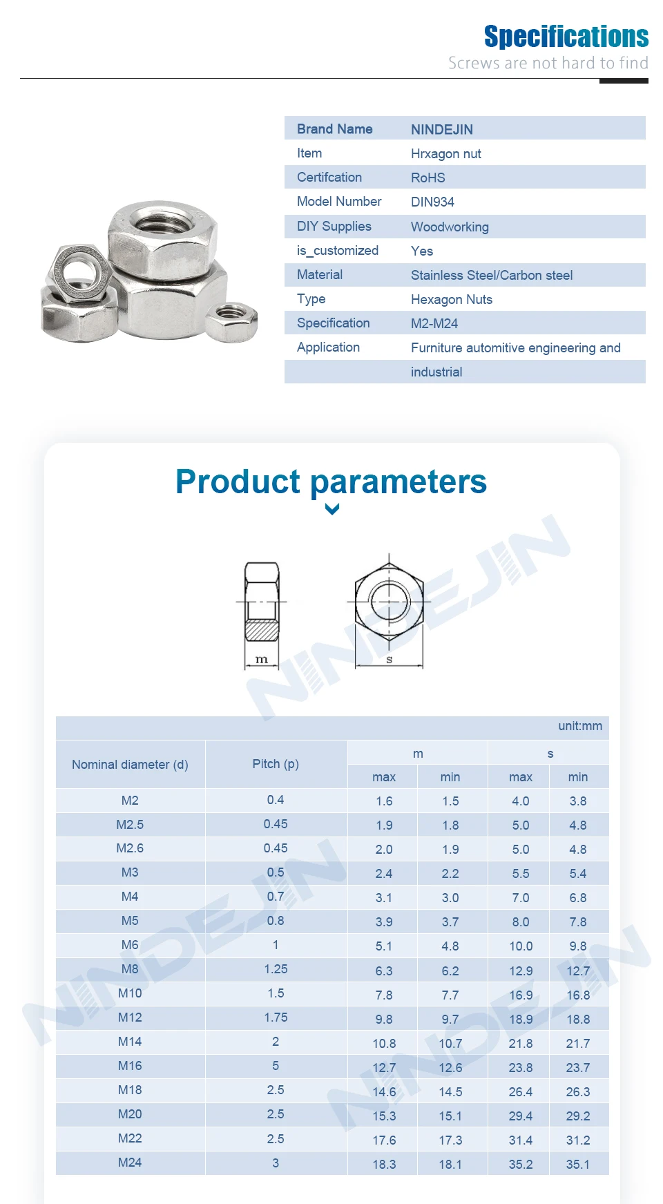 Hexagon Hex Nuts Metric DIN934 M2 M2.5 M3 M4 M5 M6 M8 M10 M12 M14 M16 M18 M20 M22 M24 Carbon Steel Stainless Steel Hex Nuts