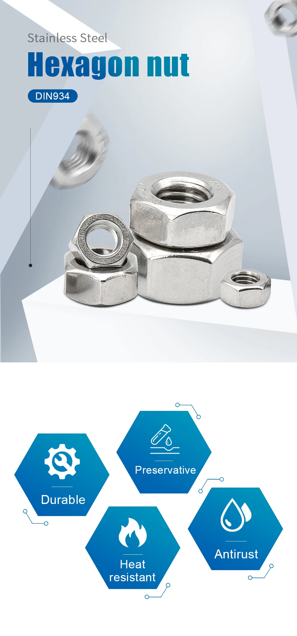 Hexagon Hex Nuts Metric DIN934 M2 M2.5 M3 M4 M5 M6 M8 M10 M12 M14 M16 M18 M20 M22 M24 Carbon Steel Stainless Steel Hex Nuts