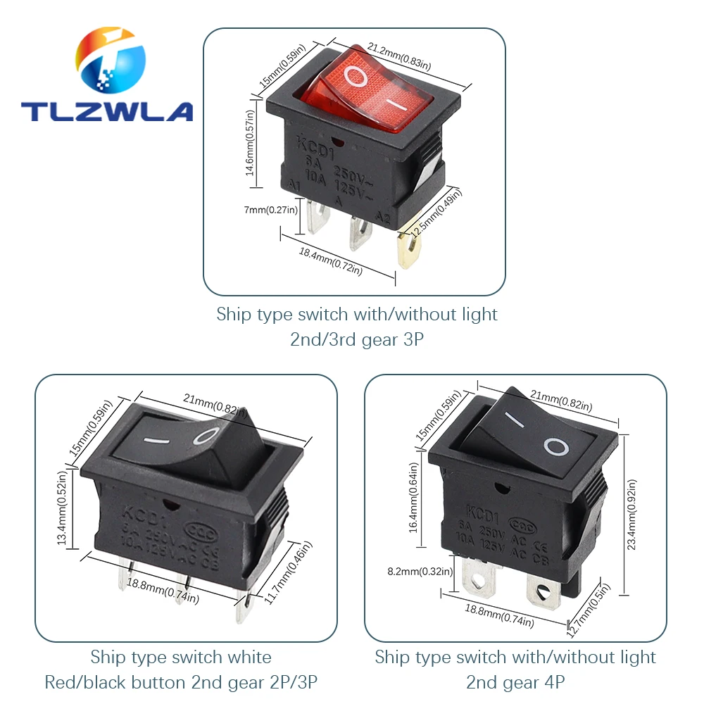 10PCS Switch ON-OFF KCD1 15*21mm 2Pin Ship Type Switch 6A 250V 10A 125V 15X21 Rocker Switch Power Switch