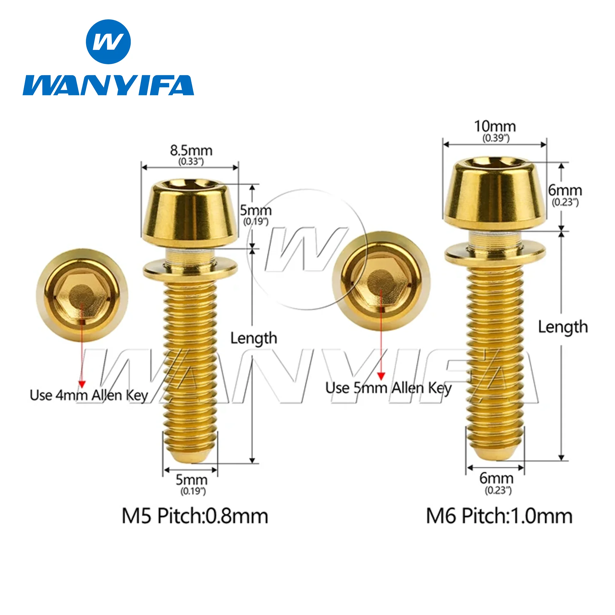 Wanyifa Titanium Bolt M5M6x16/18/20/25mm Conical Head Ti Screws with Washer for Bicycle Stems