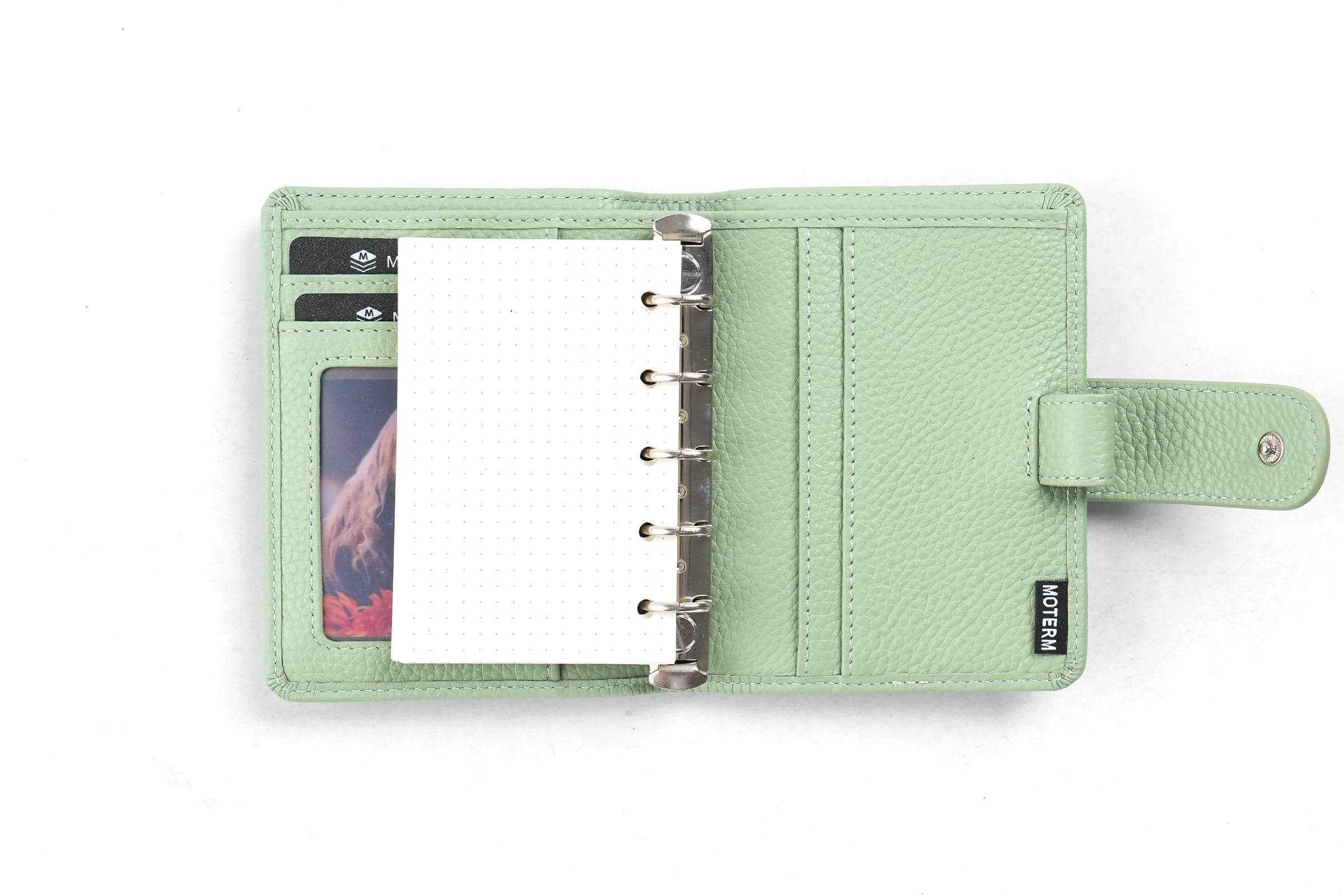 Moterm Regular A8 / M5 Size Rings Planner Pebbled Grain Cowhide 5-hole Mini Notebook with 15 MM Rings Organizer Journey Diary