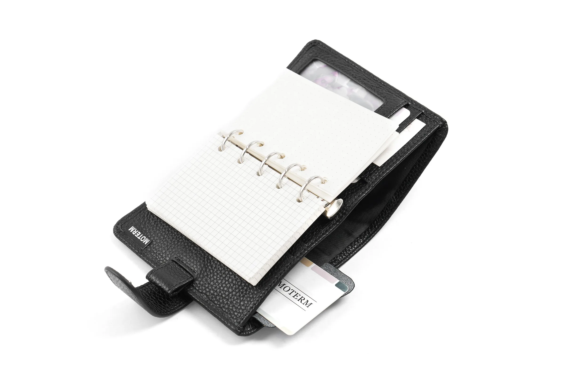 Moterm Regular A8 / M5 Size Rings Planner Pebbled Grain Cowhide 5-hole Mini Notebook with 15 MM Rings Organizer Journey Diary