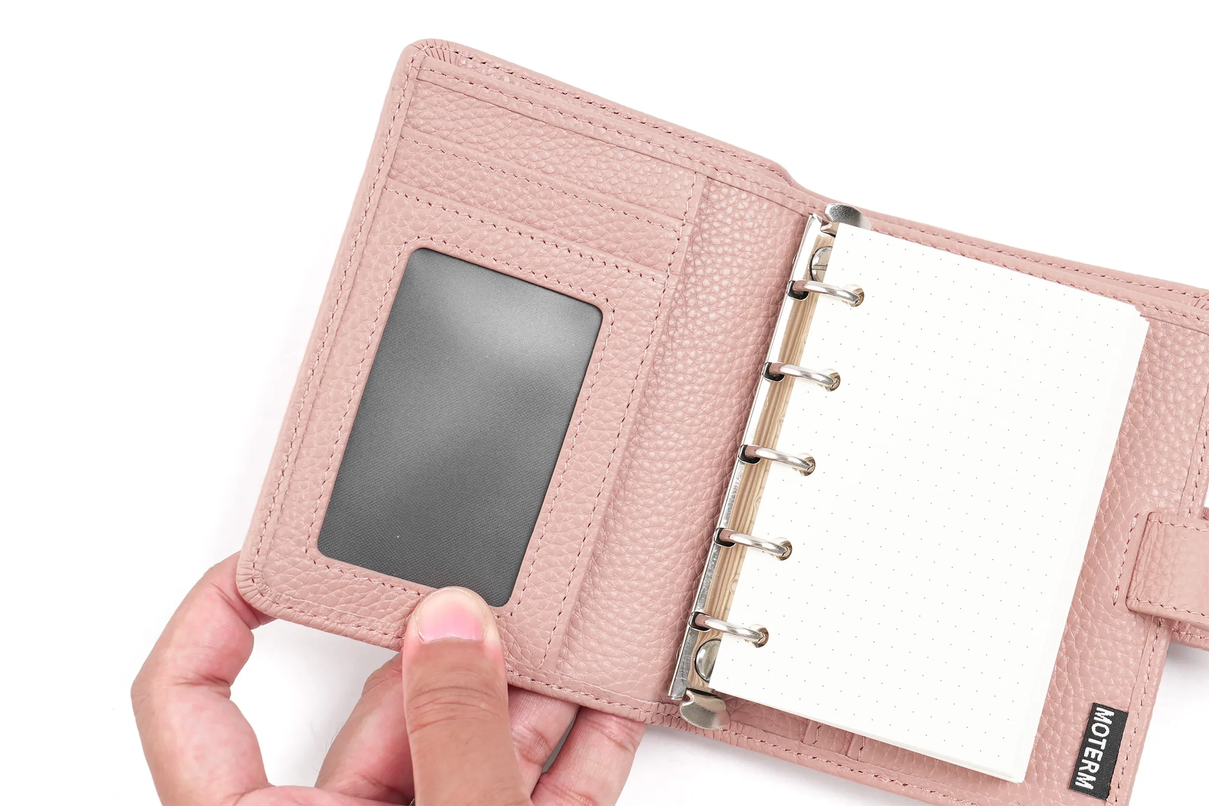 Moterm Regular A8 / M5 Size Rings Planner Pebbled Grain Cowhide 5-hole Mini Notebook with 15 MM Rings Organizer Journey Diary
