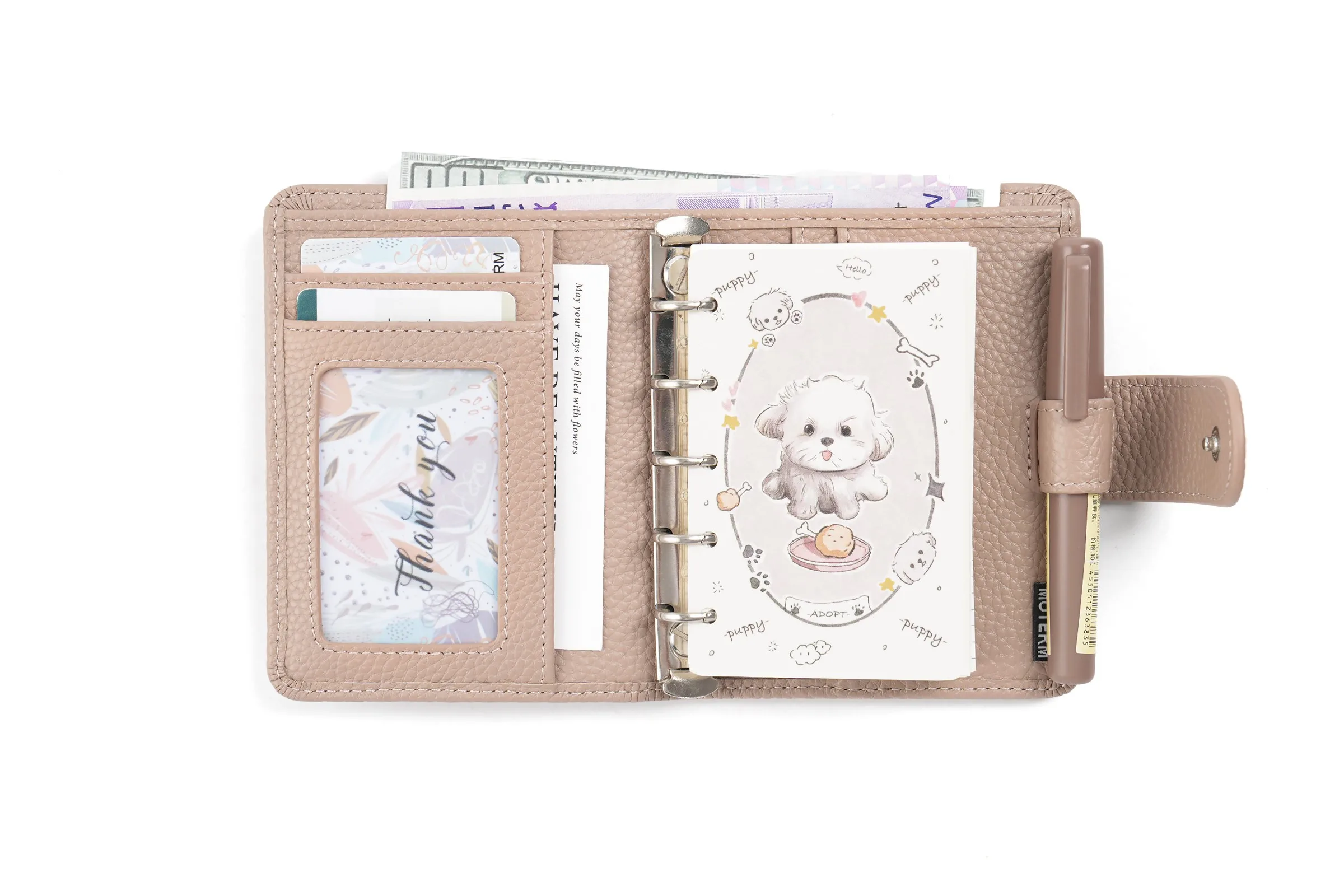 Moterm Regular A8 / M5 Size Rings Planner Pebbled Grain Cowhide 5-hole Mini Notebook with 15 MM Rings Organizer Journey Diary