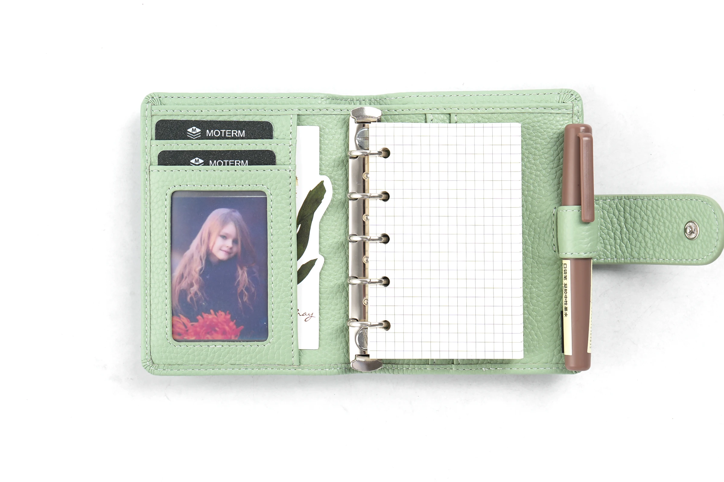 Moterm Regular A8 / M5 Size Rings Planner Pebbled Grain Cowhide 5-hole Mini Notebook with 15 MM Rings Organizer Journey Diary