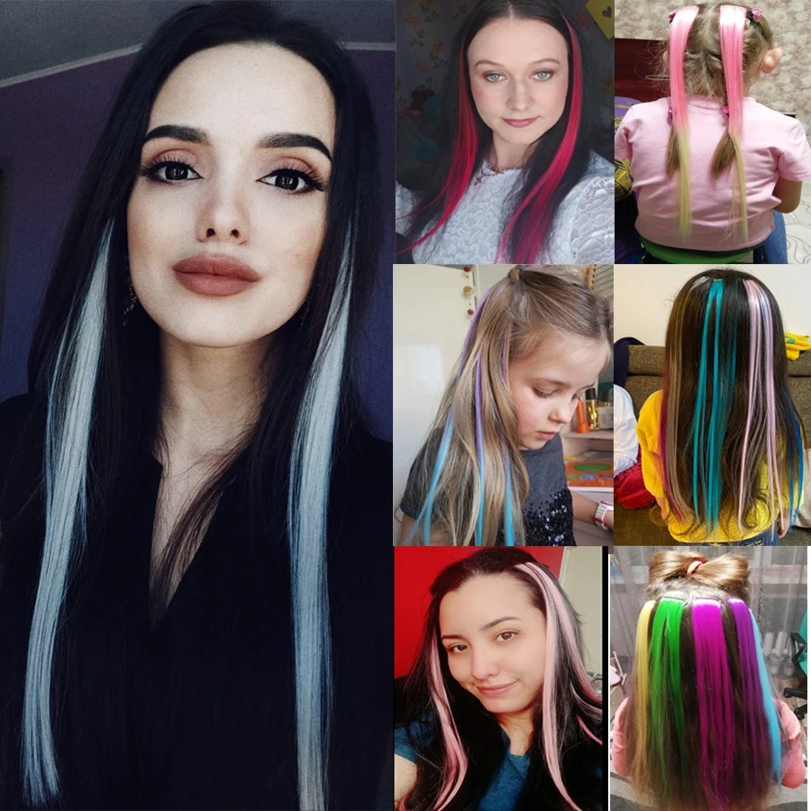 Highlights Hair Rainbow Synthetic Clip On Hair Extensions Ombre Colored Clip Hairpiece Colorful Clip Hair Strands For Festival