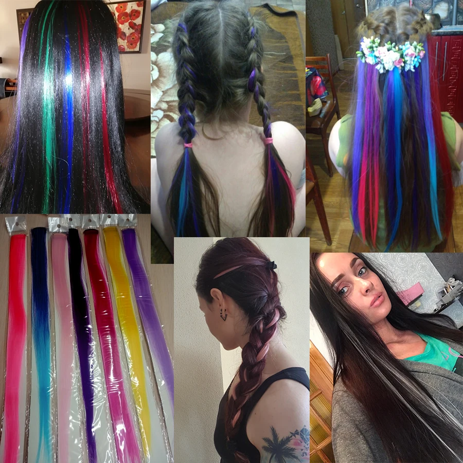 Highlights Hair Rainbow Synthetic Clip On Hair Extensions Ombre Colored Clip Hairpiece Colorful Clip Hair Strands For Festival