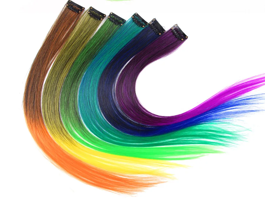 Highlights Hair Rainbow Synthetic Clip On Hair Extensions Ombre Colored Clip Hairpiece Colorful Clip Hair Strands For Festival