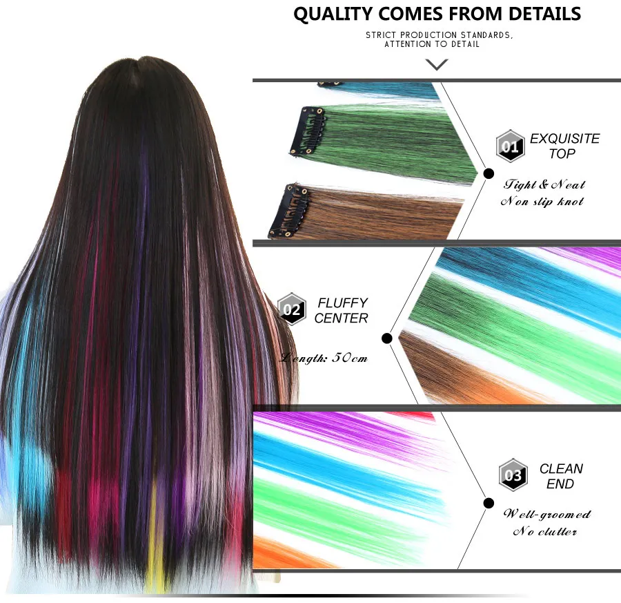 Highlights Hair Rainbow Synthetic Clip On Hair Extensions Ombre Colored Clip Hairpiece Colorful Clip Hair Strands For Festival