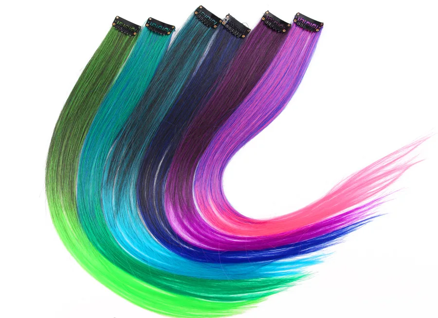 Highlights Hair Rainbow Synthetic Clip On Hair Extensions Ombre Colored Clip Hairpiece Colorful Clip Hair Strands For Festival