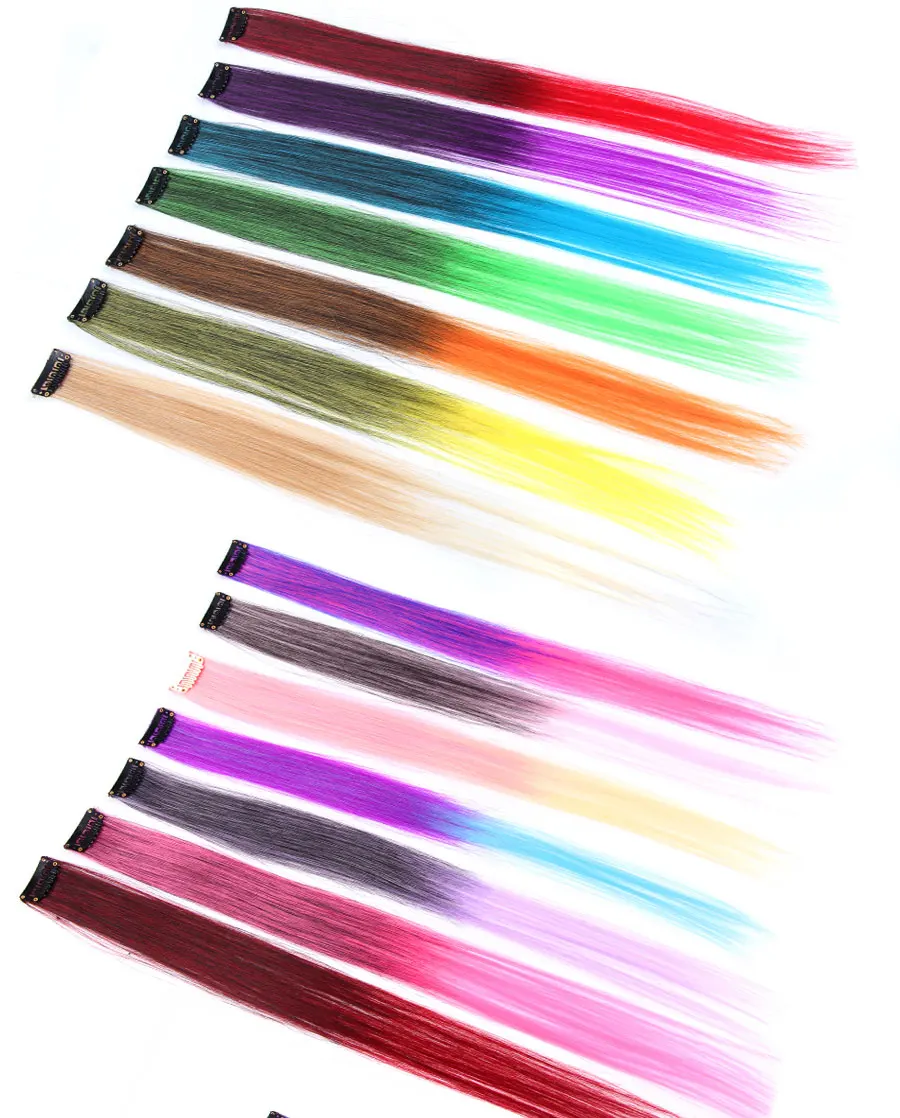 Highlights Hair Rainbow Synthetic Clip On Hair Extensions Ombre Colored Clip Hairpiece Colorful Clip Hair Strands For Festival