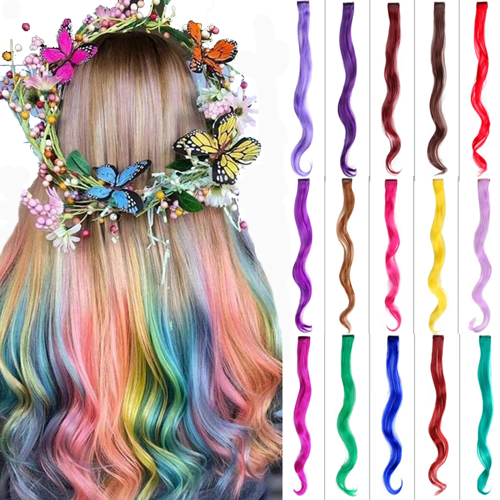 Highlights Hair Rainbow Synthetic Clip On Hair Extensions Ombre Colored Clip Hairpiece Colorful Clip Hair Strands For Festival