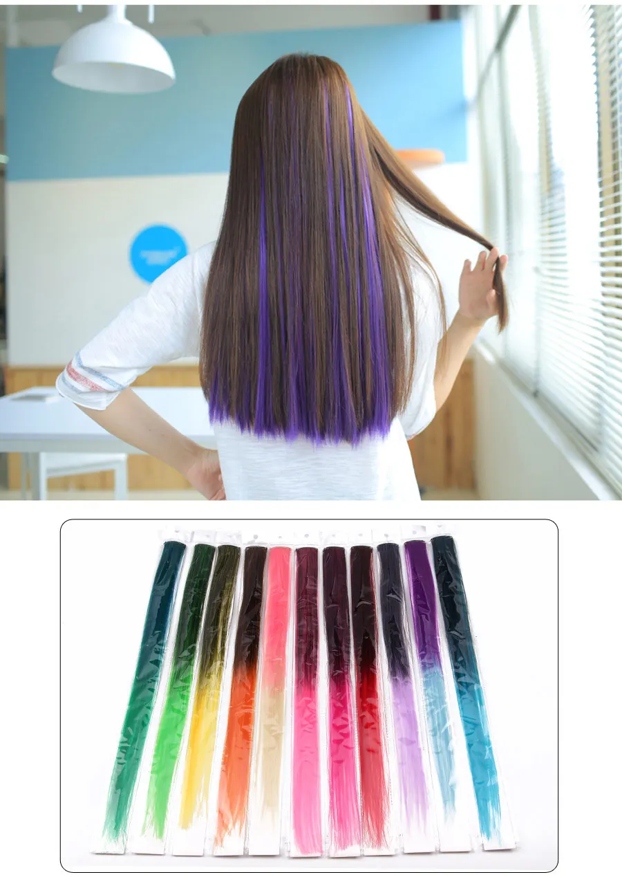 Highlights Hair Rainbow Synthetic Clip On Hair Extensions Ombre Colored Clip Hairpiece Colorful Clip Hair Strands For Festival