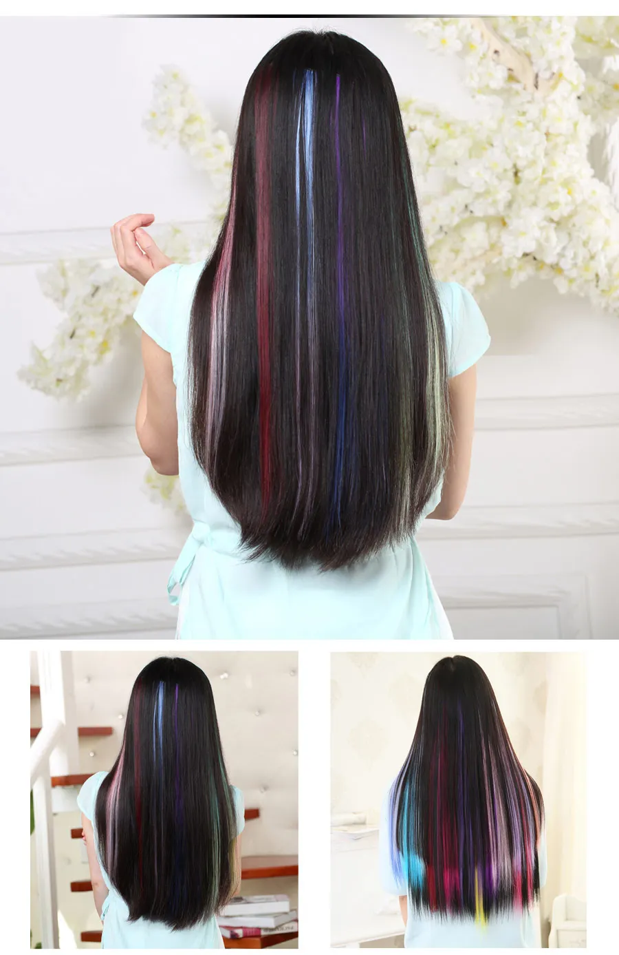 Highlights Hair Rainbow Synthetic Clip On Hair Extensions Ombre Colored Clip Hairpiece Colorful Clip Hair Strands For Festival