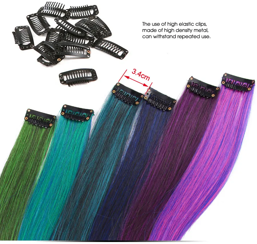 Highlights Hair Rainbow Synthetic Clip On Hair Extensions Ombre Colored Clip Hairpiece Colorful Clip Hair Strands For Festival