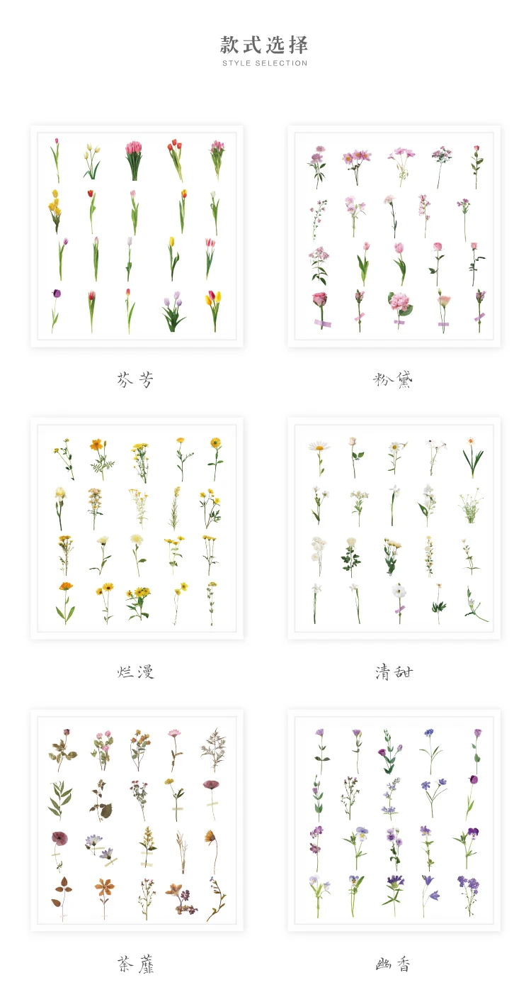 Flowers Sticker pack 40pcs Fresh Flower Plant Transparent Waterproof daisy hand account Decoration Scrapbooking material