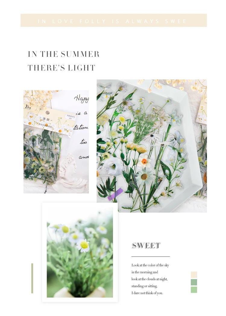 Flowers Sticker pack 40pcs Fresh Flower Plant Transparent Waterproof daisy hand account Decoration Scrapbooking material