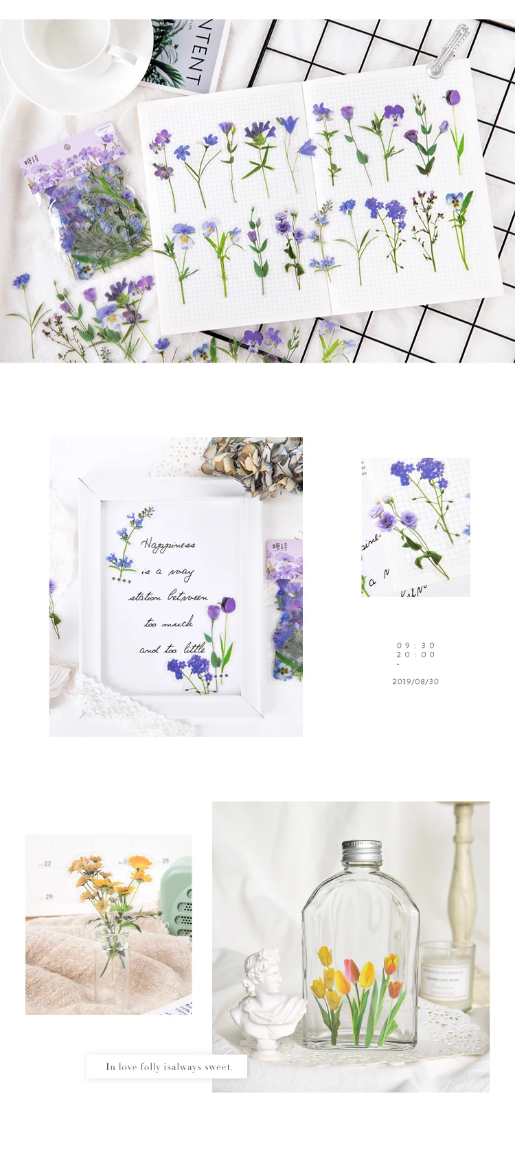 Flowers Sticker pack 40pcs Fresh Flower Plant Transparent Waterproof daisy hand account Decoration Scrapbooking material