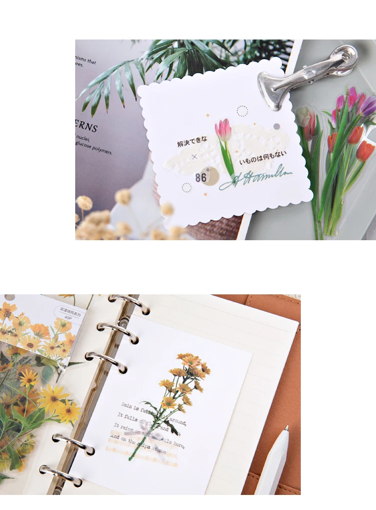 Flowers Sticker pack 40pcs Fresh Flower Plant Transparent Waterproof daisy hand account Decoration Scrapbooking material
