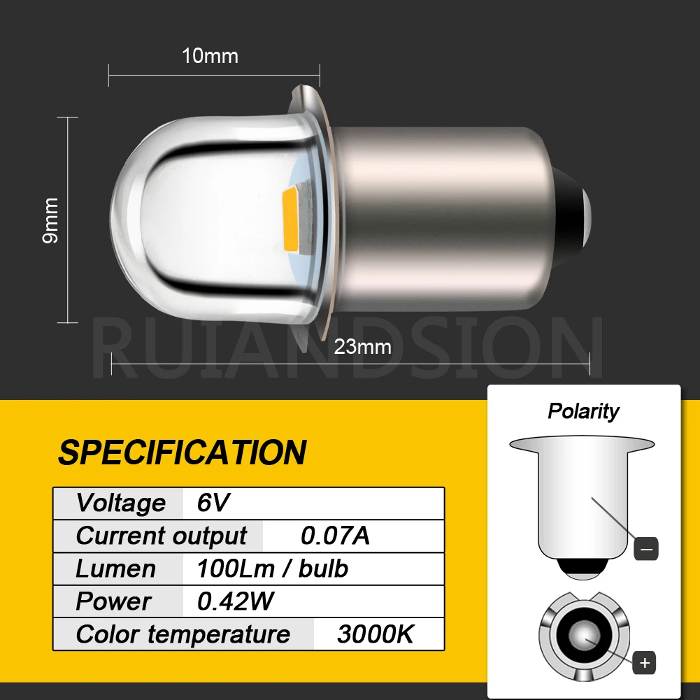 Ruiandsion P13.5S LED Bulb 6V 12V 24V Mini LED Indicator Light for Flashlight Work Light Motorcycle Instrument Lamp 3000K/6000K