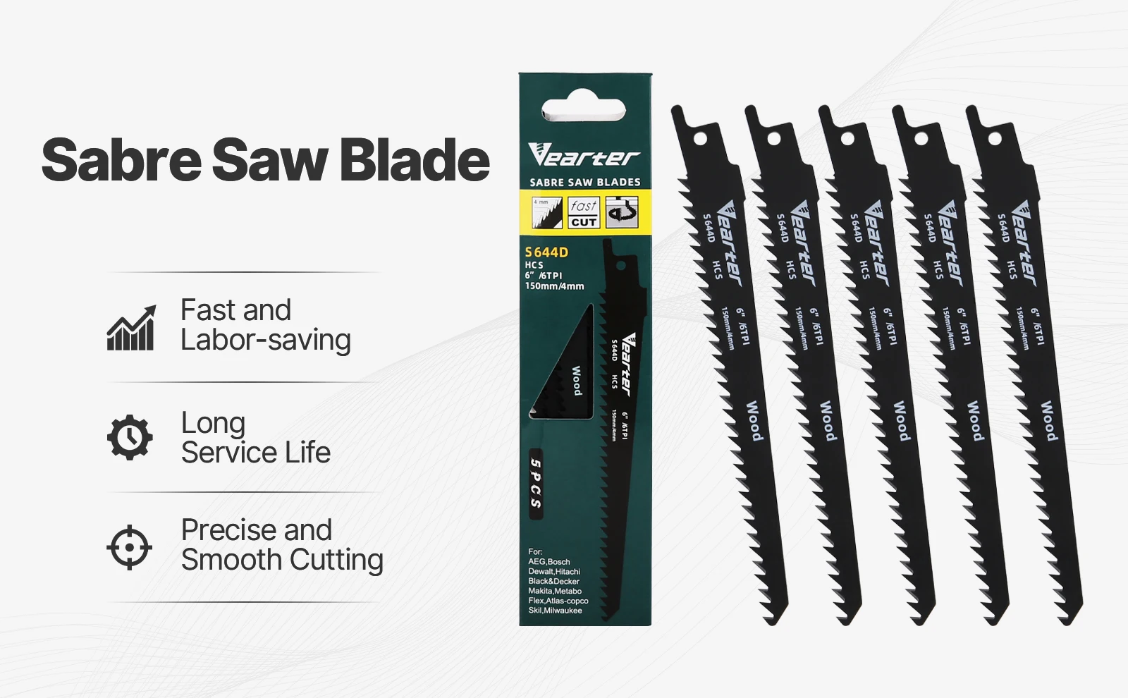 Vearter S644D 5PCS/Set 6inch Reciprocating Saw Blades 6TPI HCS 150mm Sabre For Cutting Wood PVC For Bosch Makita Dewalt DIY Tool