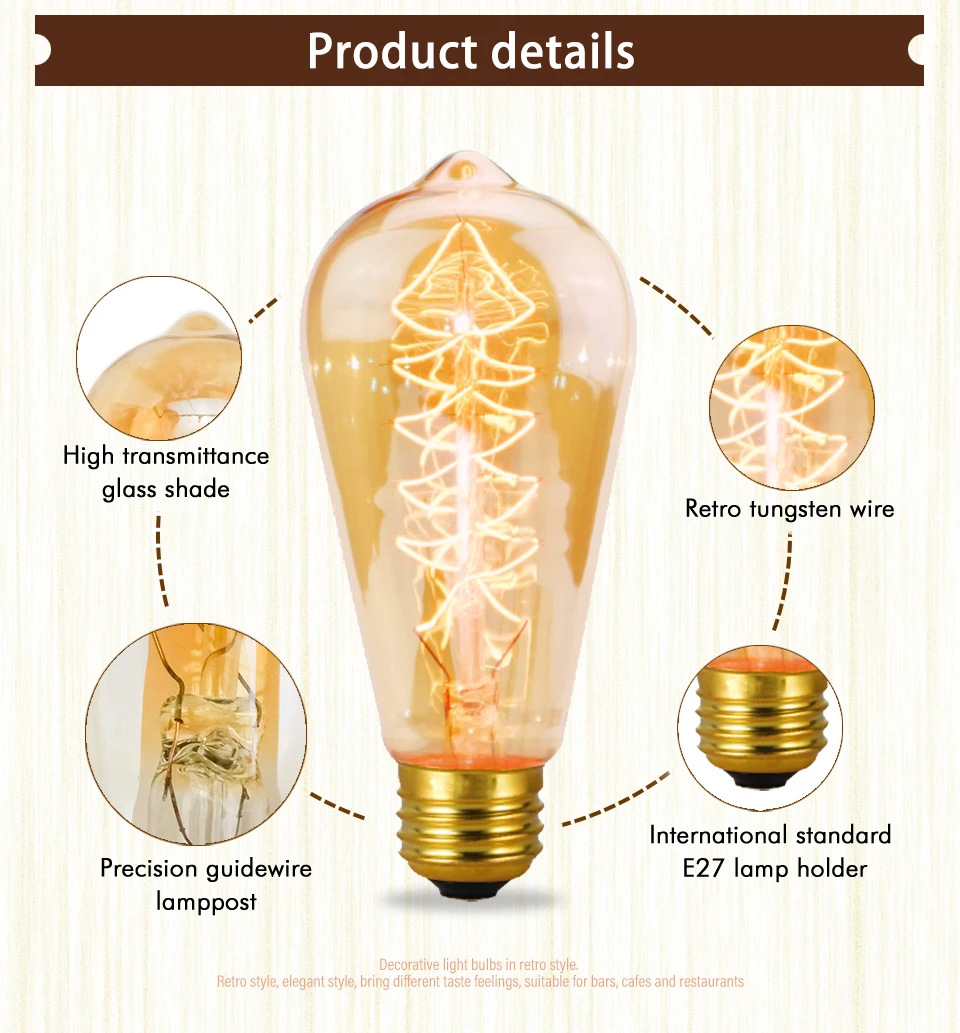 Retro Edison Light Bulb E27 220V 40W A19 A60 T10 T45 T185 ST64 G80 G95 Filament Vintage Ampoule Incandescent Bulb Edison Lamp