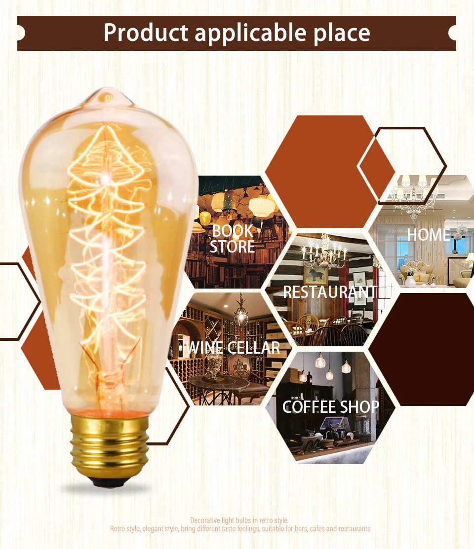 Retro Edison Light Bulb E27 220V 40W A19 A60 T10 T45 T185 ST64 G80 G95 Filament Vintage Ampoule Incandescent Bulb Edison Lamp