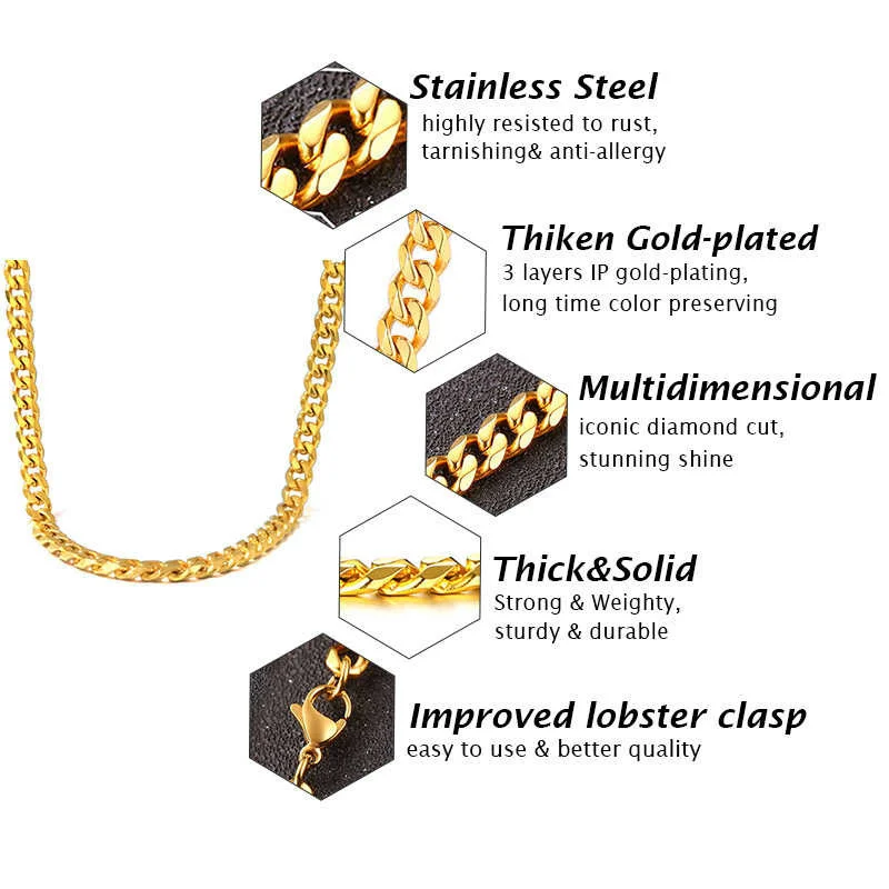 Vnox Cuban Chain Necklace for Men Women,Basic Punk Stainless Steel Curb Link Chain Chokers,Vintage Gold Color Solid Metal Collar